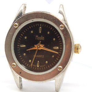 Vintage MOULIN Watch Womens Silver Tone Stainless Steel Small Face Black Dial